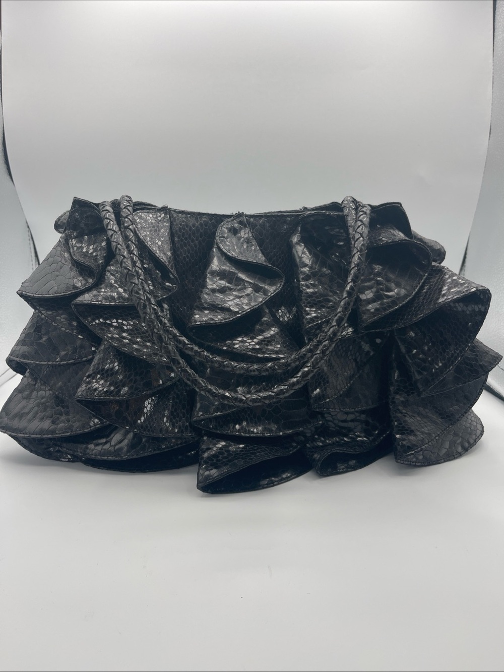 SR Squared by Sondra Roberts Black Snakeskin Ruffle Tote Bag Shoulder Purse